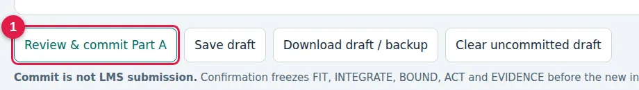Step 5 · Commit Part A: screenshot of the assignment page with numbered markers. 1: Review & commit Part A: freezes Part A, it is not submission
