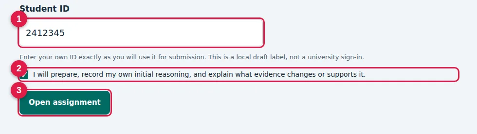 Step 2 · Open the assignment: screenshot of the assignment page with numbered markers. 1: Type your Student ID; 2: Tick the pledge; 3: Open assignment