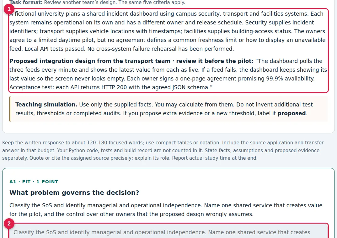 Step 3 · Part A: read the case, then FIT: screenshot of the assignment page with numbered markers. 1: Read the case: only these facts count; 2: FIT: the problem that decides the case