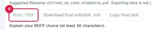 Step 9 · Export and submit: screenshot of the assignment page with numbered markers. 4: Print / PDF, check the file, upload it in Blackboard