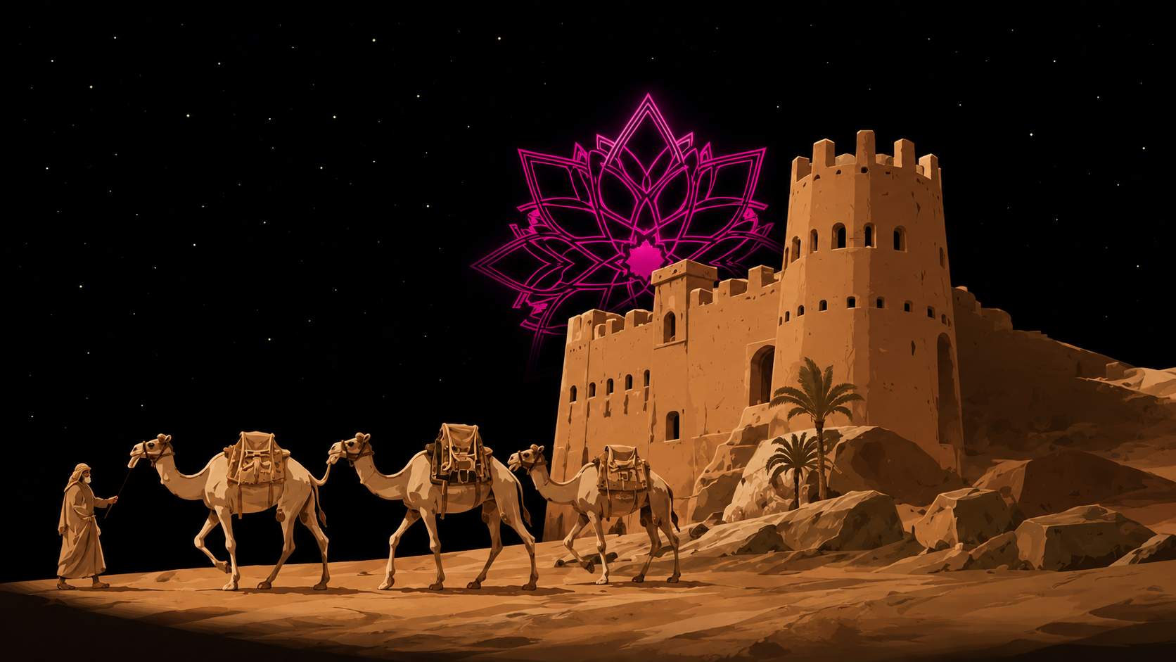 ISCARB Saudi heritage identity with desert, camel caravan and fortress