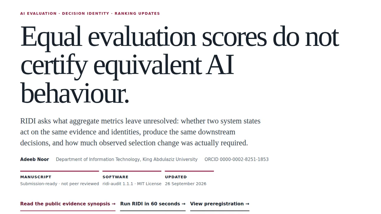 RIDI project page: Equal evaluation scores do not certify equivalent AI behaviour