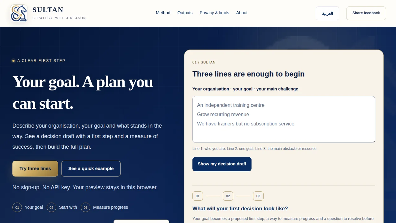 SULTAN home page: Your goal. A plan you can start.