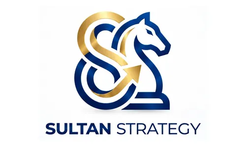 SULTAN Strategy blue and gold horse-and-arrow logo